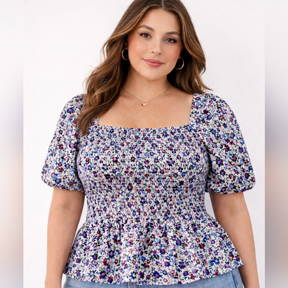 French Connection Lavender Floral Smocked Peplum Blouse